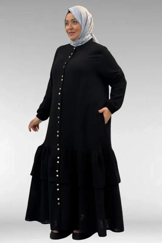 66002 Plus Size Muslin Abaya with Ruffled Skirt and Elastic Cuffs - Black - 2