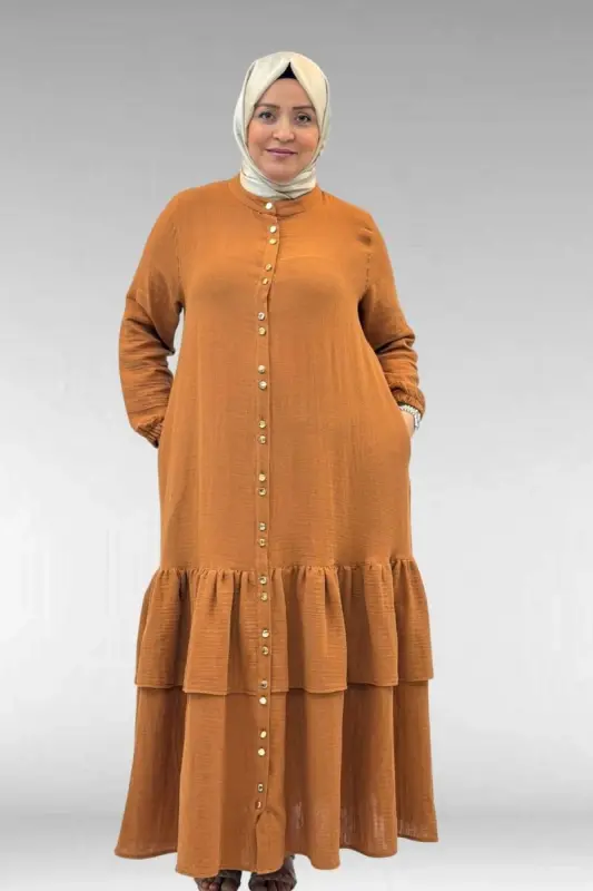 66002 Plus Size Ruffled Skirt Muslin Abaya with Elastic Cuffs - Cinnamon - 1