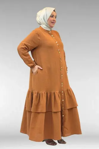 66002 Plus Size Ruffled Skirt Muslin Abaya with Elastic Cuffs - Cinnamon - BÜYÜKBEDENIZ (1)