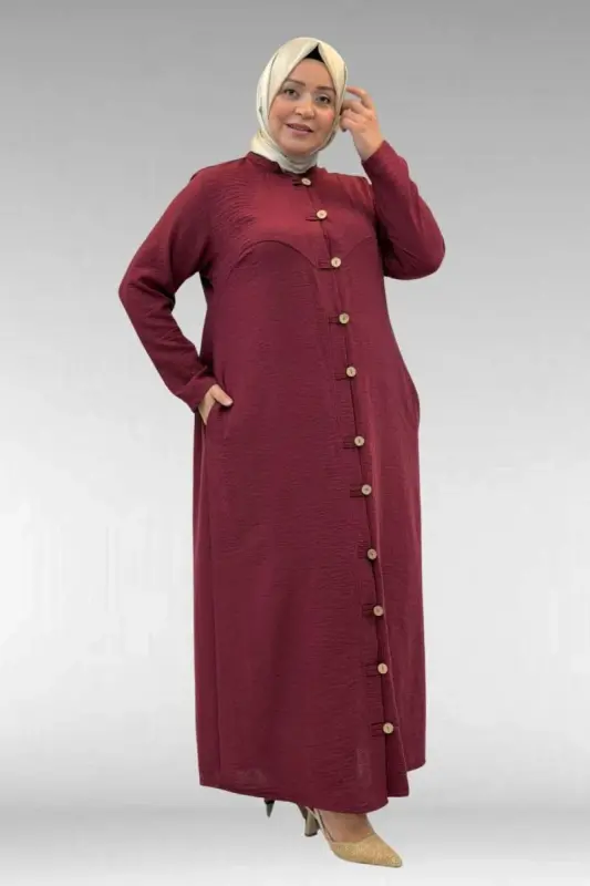 66003 Büyük Beden Boydan Düğmeli Keten Ferace - Bordo - BÜYÜKBEDENIZ