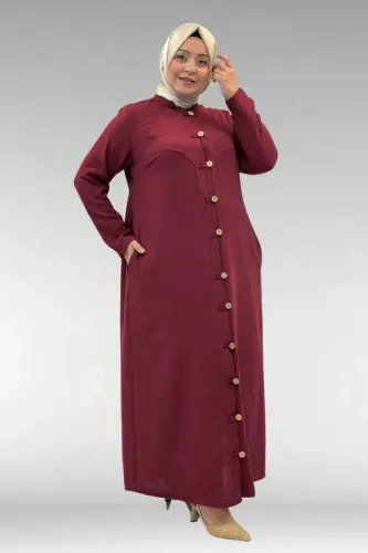 66003 Büyük Beden Boydan Düğmeli Keten Ferace - Bordo - 1