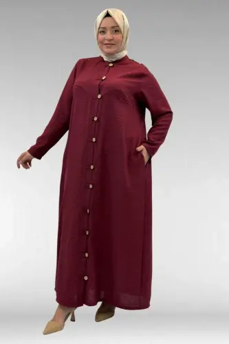 66003 Büyük Beden Boydan Düğmeli Keten Ferace - Bordo - 2