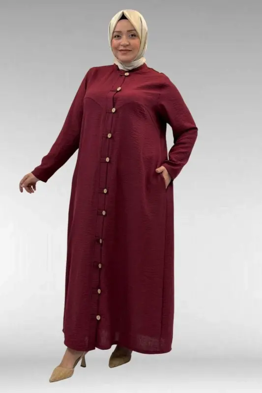 66003 Büyük Beden Boydan Düğmeli Keten Ferace - Bordo - 2