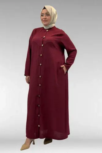 66003 Büyük Beden Boydan Düğmeli Keten Ferace - Bordo - 3