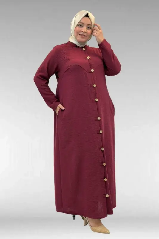 66003 Büyük Beden Boydan Düğmeli Keten Ferace - Bordo - 4