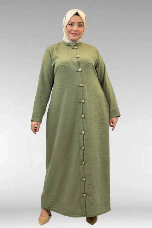 66003 Büyük Beden Boydan Düğmeli Keten Ferace - Haki - BÜYÜKBEDENIZ