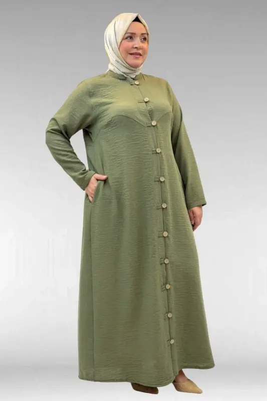 66003 Büyük Beden Boydan Düğmeli Keten Ferace - Haki - 2