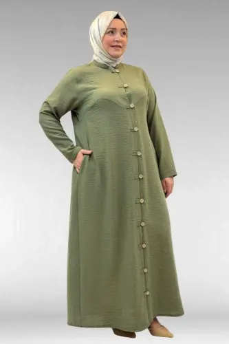 66003 Büyük Beden Boydan Düğmeli Keten Ferace - Haki - BÜYÜKBEDENIZ (1)