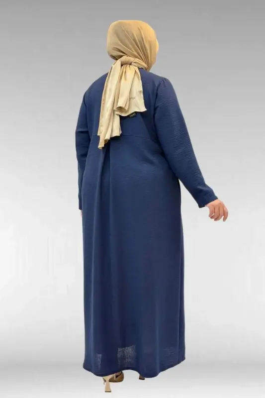 66003 Büyük Beden Boydan Düğmeli Keten Ferace - Lacivert - 3