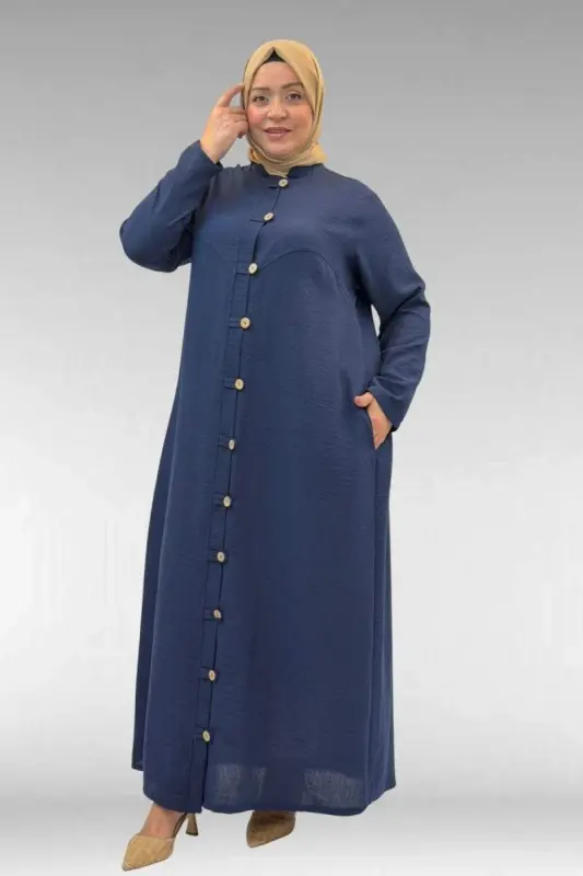 66003 Büyük Beden Boydan Düğmeli Keten Ferace - Lacivert - BÜYÜKBEDENIZ