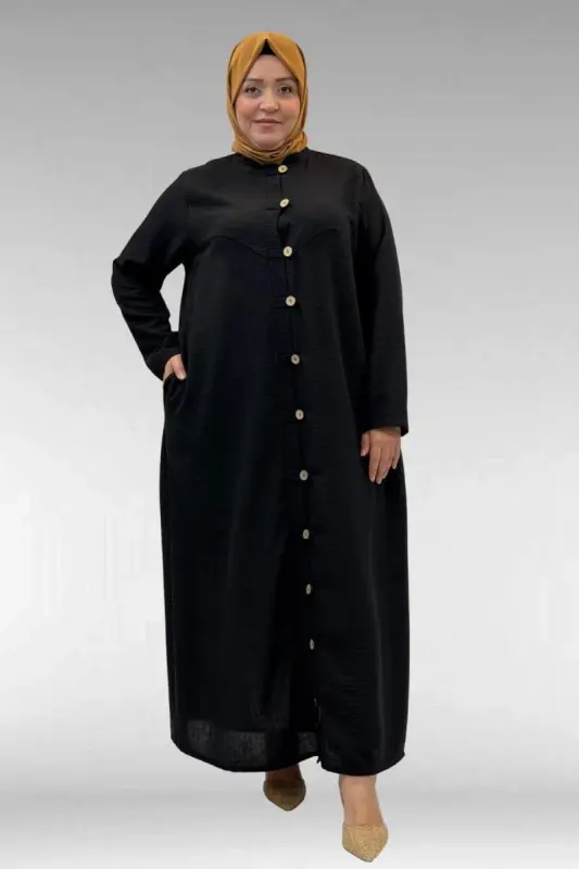66003 Büyük Beden Boydan Düğmeli Keten Ferace - Siyah - BÜYÜKBEDENIZ