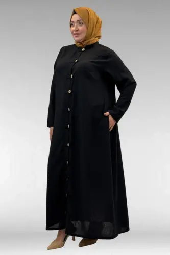 66003 Büyük Beden Boydan Düğmeli Keten Ferace - Siyah - BÜYÜKBEDENIZ (1)