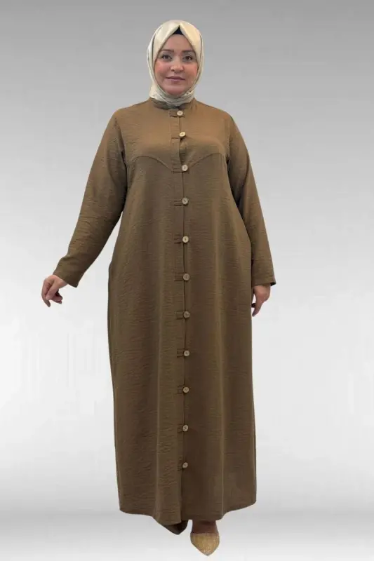 66003 Büyük Beden Boydan Düğmeli Keten Ferace - Vizon - BÜYÜKBEDENIZ