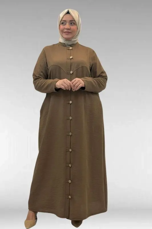 66003 Büyük Beden Boydan Düğmeli Keten Ferace - Vizon - 2