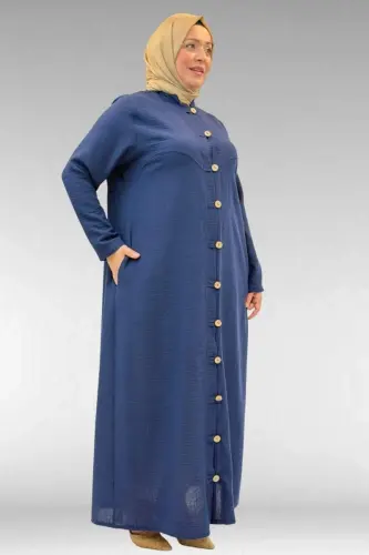 66003 Plus Size Full-Button Linen Abaya - Navy Blue - BÜYÜKBEDENIZ (1)