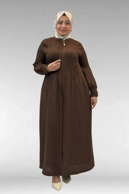 66004 Plus Size Pleat Detailed Linen Abaya - Brown - 1