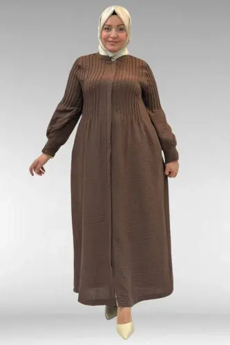66004 Plus Size Pleat Detailed Linen Abaya - Brown - 4