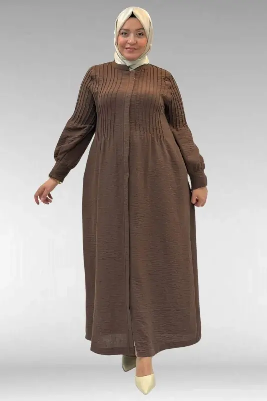 66004 Plus Size Pleat Detailed Linen Abaya - Brown - 4