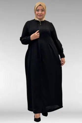 66004 Plus Size Pleated Detail Linen Abaya - Black - 1