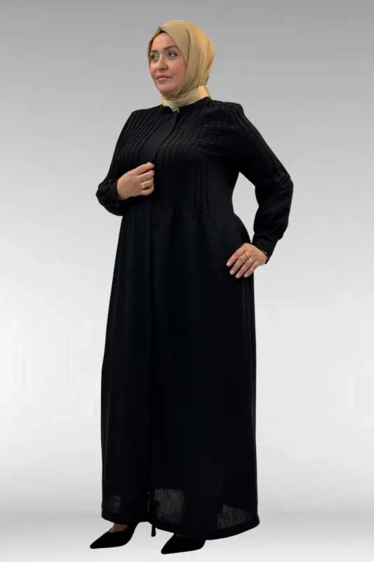 66004 Plus Size Pleated Detail Linen Abaya - Black - 3