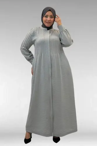 66004 Plus Size Pleated Detail Linen Abaya - Gray - 1