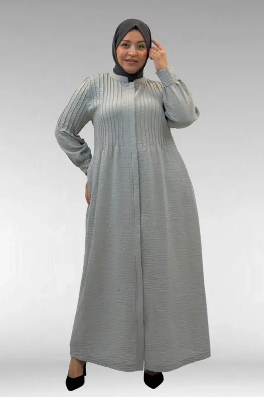 66004 Plus Size Pleated Detail Linen Abaya - Gray - 1