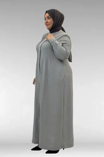 66004 Plus Size Pleated Detail Linen Abaya - Gray - 3