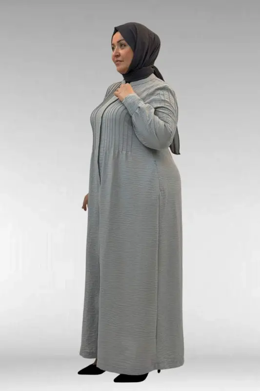66004 Plus Size Pleated Detail Linen Abaya - Gray - 3