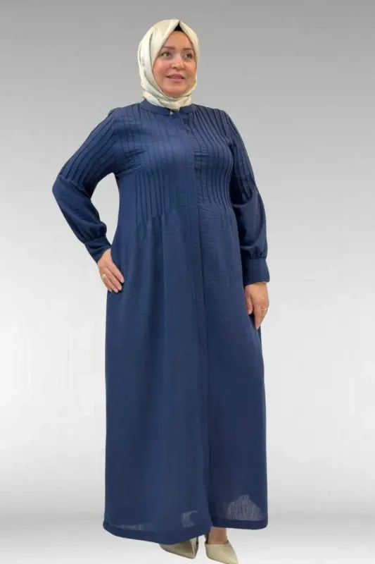 66004 Plus Size Pleated Detail Linen Abaya - Navy Blue - BÜYÜKBEDENIZ
