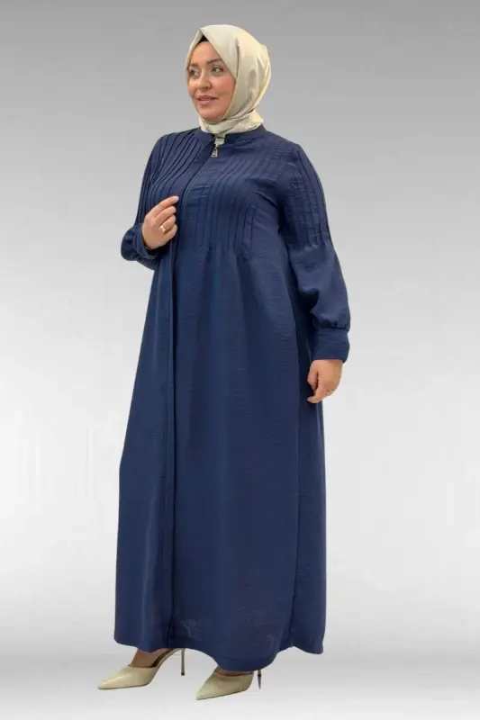 66004 Plus Size Pleated Detail Linen Abaya - Navy Blue - 3