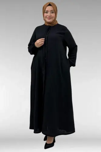 66005 Plus Size Buttoned Abaya with Stone Detail - Black - BÜYÜKBEDENIZ (1)