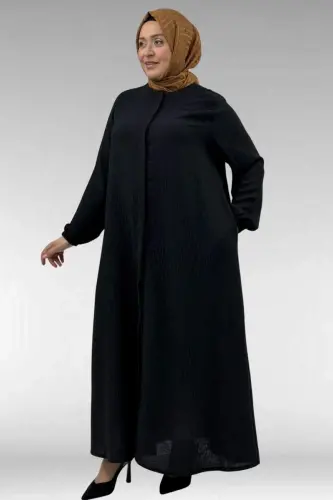 66005 Plus Size Buttoned Abaya with Stone Detail - Black - 3