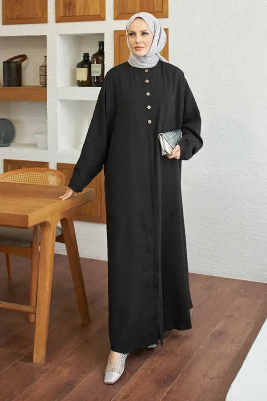 6618-Modal bezdan bezatilgan bezakli tugmali Abaya Qora - NEWAYS
