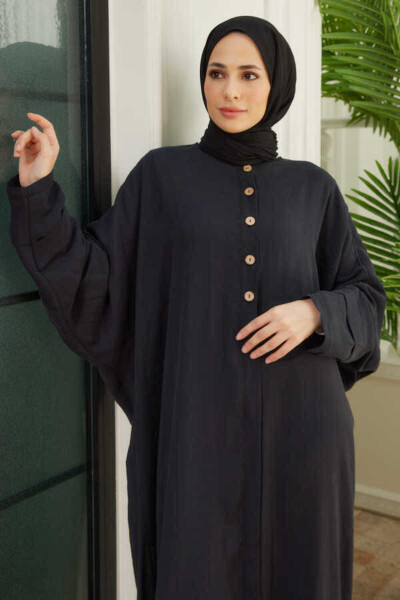 6618-Modal Decorative Button Abaya Black - 3