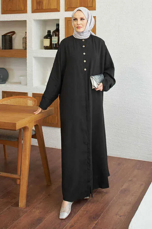 6618-Modal Süs Düğmeli Abaya Siyah - 1
