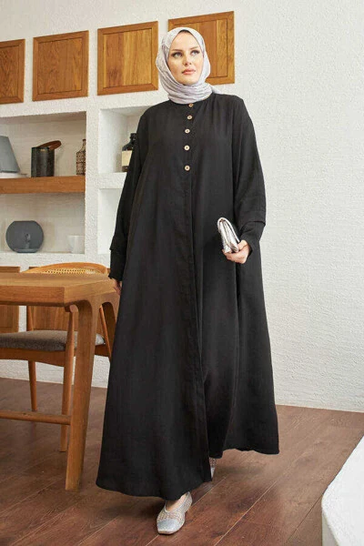 6618-Modal Süs Düğmeli Abaya Siyah - 3