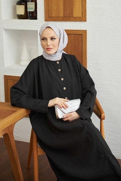 6618-Modal Süs Düğmeli Abaya Siyah - 4