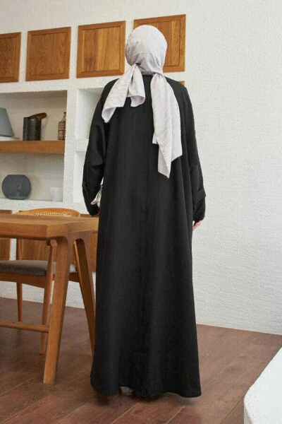 6618-Modal Süs Düğmeli Abaya Siyah - 5