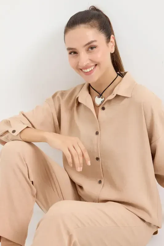 6622 Linen Two Piece Set - Biscuit-Biscuit - Modazone