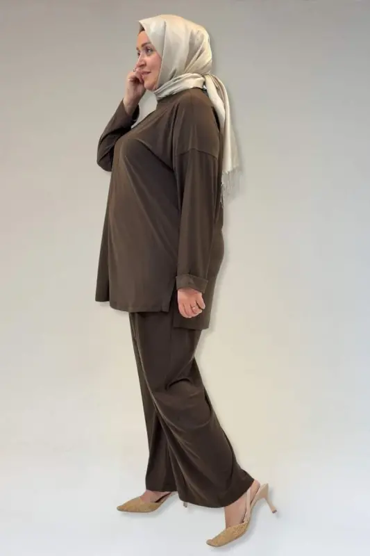 67001 Büyük Beden Kol Manşeti Duble Model Sandy Pantolonlu Takım - Kahve - 2