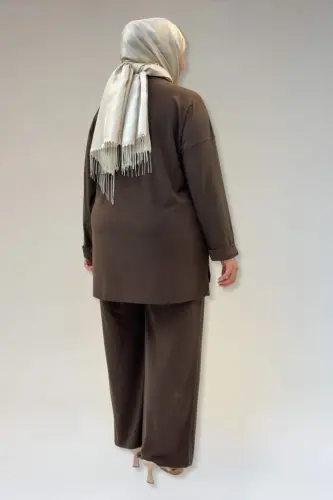 67001 Büyük Beden Kol Manşeti Duble Model Sandy Pantolonlu Takım - Kahve - 3