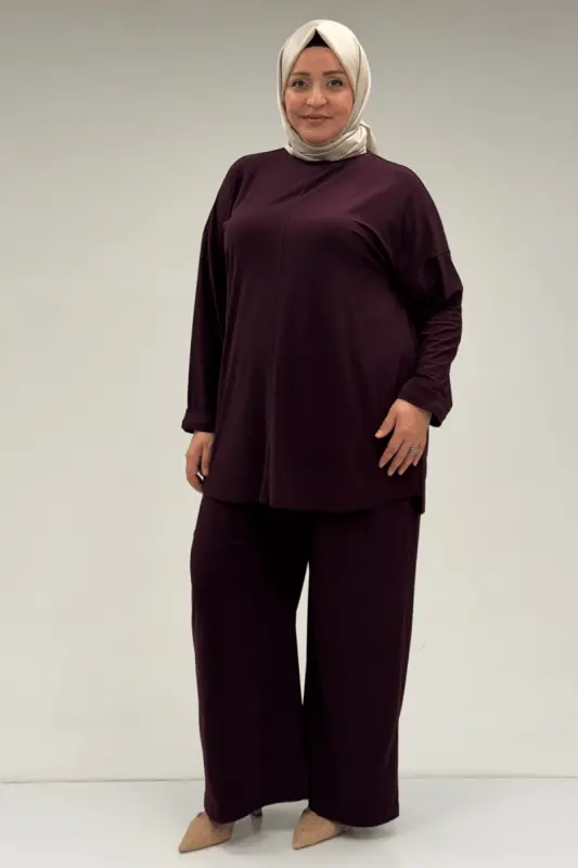 67001 Büyük Beden Kol Manşeti Duble Model Sandy Pantolonlu Takım - Mürdüm - 1