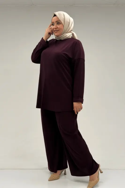 67001 Büyük Beden Kol Manşeti Duble Model Sandy Pantolonlu Takım - Mürdüm - 2