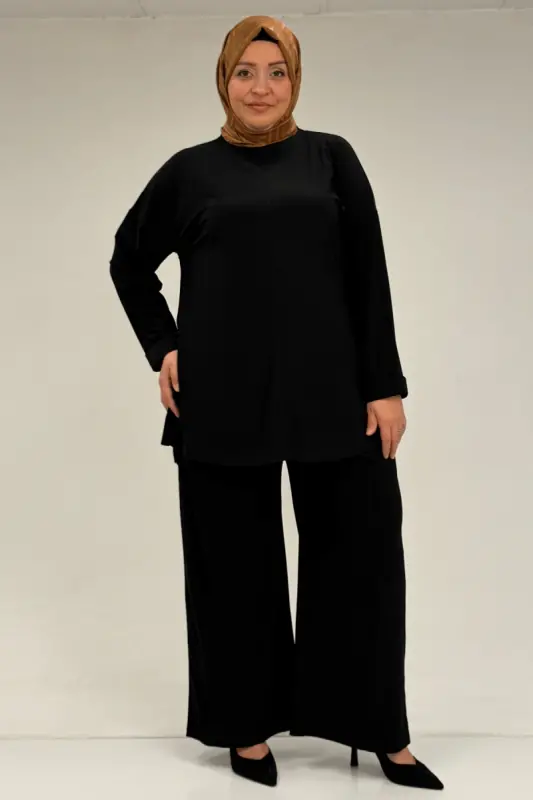67001 Büyük Beden Kol Manşeti Duble Model Sandy Pantolonlu Takım - Siyah - BÜYÜKBEDENIZ