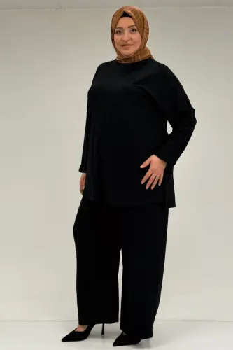 67001 Büyük Beden Kol Manşeti Duble Model Sandy Pantolonlu Takım - Siyah - BÜYÜKBEDENIZ (1)