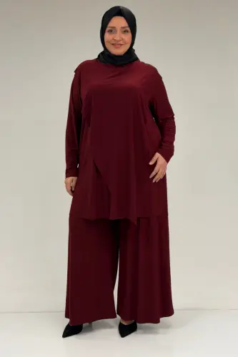 67004 Büyük Beden Önü Ve Arkası Pelerin Detaylı Sandy Pantolonlu Takım - Bordo - 1