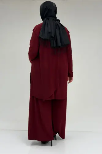 67004 Büyük Beden Önü Ve Arkası Pelerin Detaylı Sandy Pantolonlu Takım - Bordo - 3