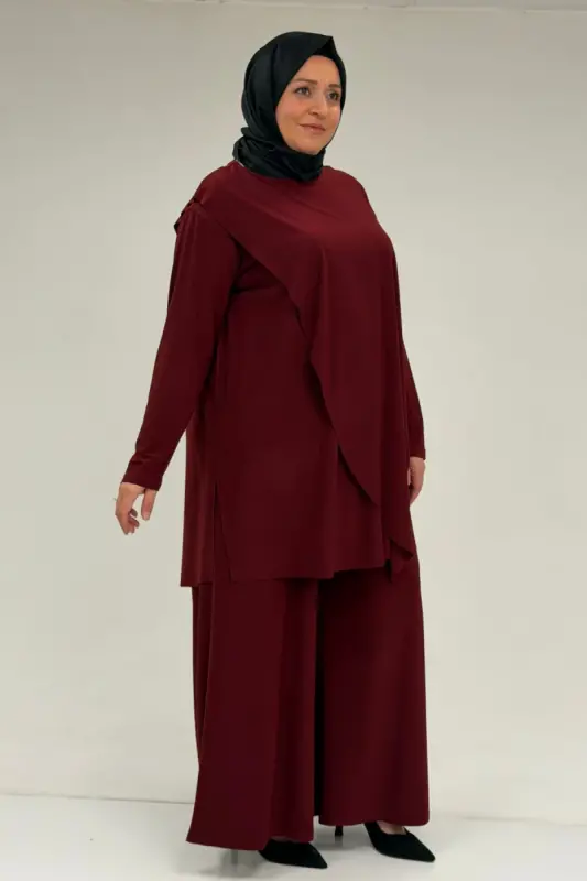 67004 Büyük Beden Önü Ve Arkası Pelerin Detaylı Sandy Pantolonlu Takım - Bordo - 2