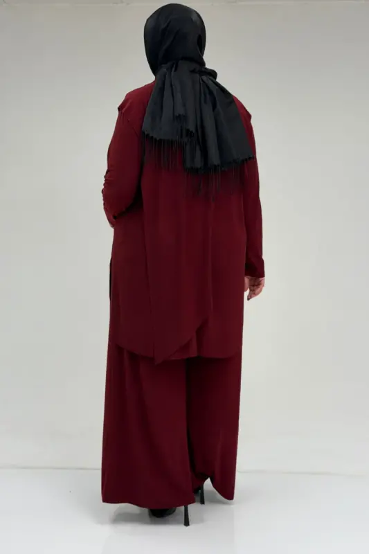 67004 Büyük Beden Önü Ve Arkası Pelerin Detaylı Sandy Pantolonlu Takım - Bordo - 3