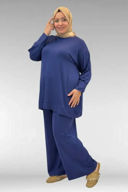 67007 Büyük Beden Kol Ve Etek Ucu Kendinden Ribanalı Pantolonlu Takım - İndigo - BÜYÜKBEDENIZ